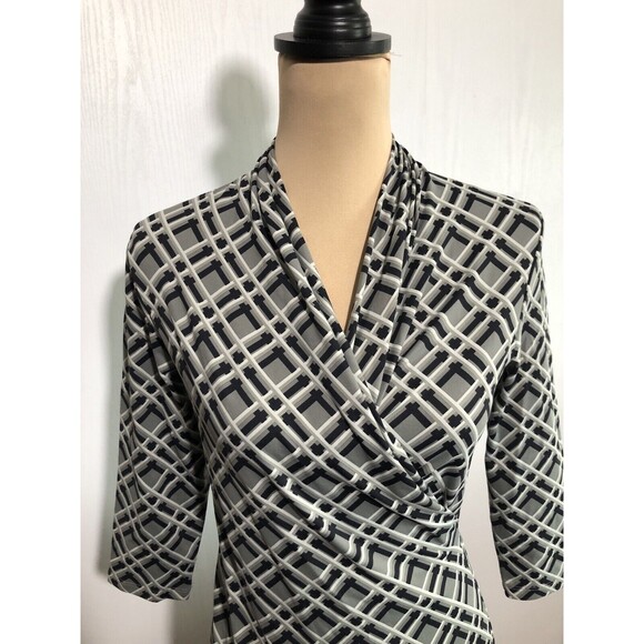 J McLaughlin Dress Womens XS Gray Black Lattice Print Catalina Cloth Faux Wrap - Picture 2 of 12